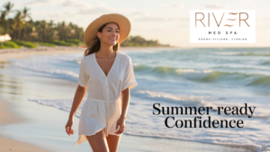 A sunlit Florida beach backdrop with a confident woman in a flowy summer dress and sunhat walking along the shore, glowing skin and a toned figure, soft golden lighting, tropical vibes, clean and professional med spa aesthetic, bright and inviting colors, minimal text overlay reading “Summer-Ready Confidence with River Med Spa.