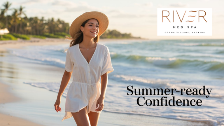 A sunlit Florida beach backdrop with a confident woman in a flowy summer dress and sunhat walking along the shore, glowing skin and a toned figure, soft golden lighting, tropical vibes, clean and professional med spa aesthetic, bright and inviting colors, minimal text overlay reading “Summer-Ready Confidence with River Med Spa.