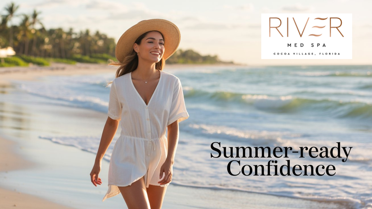 A sunlit Florida beach backdrop with a confident woman in a flowy summer dress and sunhat walking along the shore, glowing skin and a toned figure, soft golden lighting, tropical vibes, clean and professional med spa aesthetic, bright and inviting colors, minimal text overlay reading “Summer-Ready Confidence with River Med Spa.